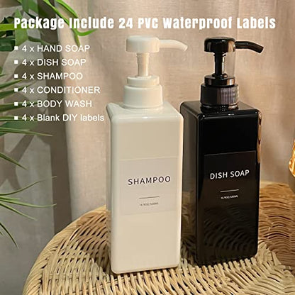 Soap Dispenser with Waterproof Labels, Thickened Plastic Hand Soap Dispenser for Bathroom, Kitchen Dish Washing Liquid Bottles, Shampoo and Conditioner Bottles with Funnel (16oz 4Pack Black Clear) - color: 2 Black + 2 Clear