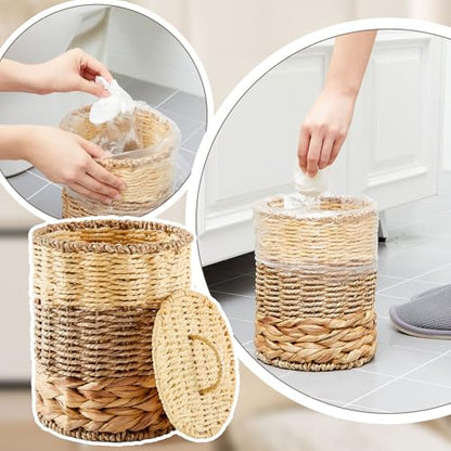 Ctosree 1.3 Gallons Small Trash Can with Lid Handle Boho Woven Braided Bathroom Waste Basket Trash Can with 100 Garbage Bags for Bedroom Office Laundry(Braided Wicker, Primary Color) - color: Primary Color, style: Round
