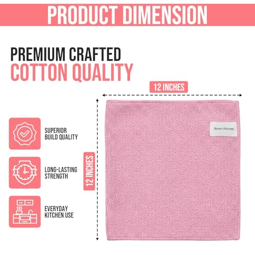 Ameri-Homes Premium Microfiber Cleaning Cloths 12 x 12 Inches, 400 GSM, Soft & Absorbent, Scratch-Free Lint-Free Cleaning Towels for Kitchen, Car, Glass & Home (Pack of 6) (Pink) - color: Pink
