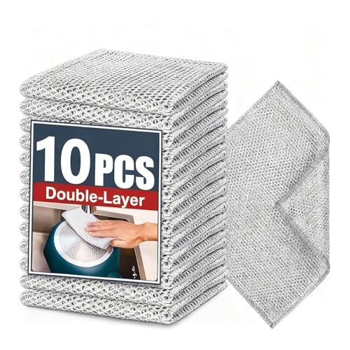 Double-Layer Steel Wire Cleaning Cloth - Non-Scratch Wire Dishcloth Rag Heavy Duty Scrub Pads Multi-Purpose Silver Mesh Scouring Pads for Dishes, Pots, Pans (10 pcs)