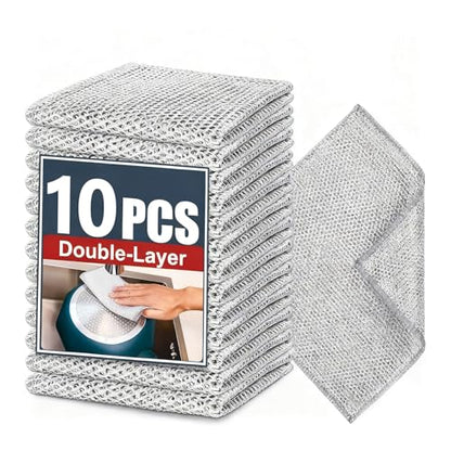 Double-Layer Steel Wire Cleaning Cloth - Non-Scratch Wire Dishcloth Rag Heavy Duty Scrub Pads Multi-Purpose Silver Mesh Scouring Pads for Dishes, Pots, Pans (10 pcs)