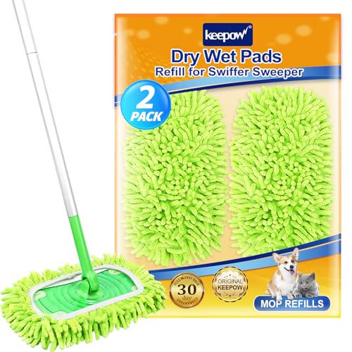 KEEPOW Reusable Microfiber Mop Pads Compatible with Swiffer Sweeper & Mop Deluxe 2-in-1, Wet & Dry Mopping Cloths for All Floors, Compatible with Swiffer Dry Sweeping Cloths for Cleaning (2 Pack) - color: Green, size: 2 Pack