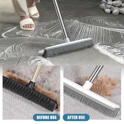 Pet Hair Removal Broom Long Handle Adjustable Carpet Rake Cat Dog Hair Remover Rubber Broom with Built in Squeegee Lint Remover Brush for Carpets Couch Rugs Mats Stairs (53inch)