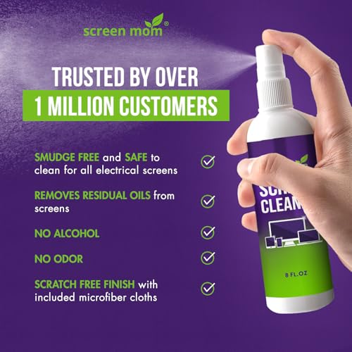 Screen Cleaner Spray and 4 Microfiber Cloths Bundle 8oz & 2oz, by Screen Mom, Eyeglasses or Monitor Screen Cleaner Spray and Wipe, Electronic Cleaner Spray, Car Screen Cleaning Kit - size: 8oz & 2oz