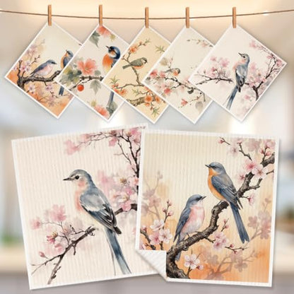 5 Pcs Watercolor Bird & Flower Swedish Dishcloths, Bird Themed Swedish Dishcloth, Artistic Dish Cloths for Drying Dishes, Reusable Cleaning Cloths, Housewarming Gifts for Women - color: Lm 04243