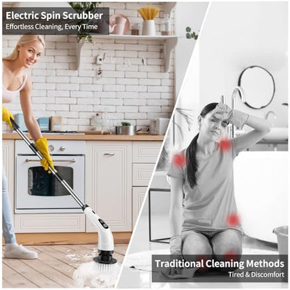 GOXAWEE Electric Spin Scrubber, Cordless Cleaning Brush with 8 Replaceable Brush Heads, Power Shower Scrubber with Long Handle for Bathroom, Tub, Tile, Floor (White)