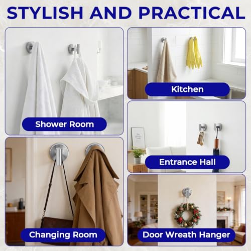 Suction Cup Hooks for Shower Heavy Duty, Shower Hooks No Drill, Shower Hooks for Inside Shower Stainless Steel, Suction Hooks for Window, Glass, Tile, Wall, Loofah, Bath Robe, Wreath, Silver 4 Pack - color: Silver