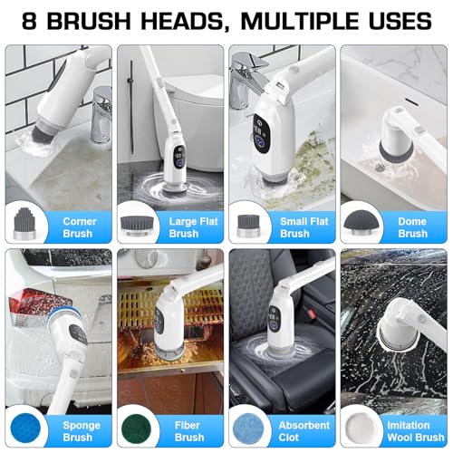 Electric Spin Scrubber, 200Mins Runtime Bathroom Scrubber with 3-Speed & LCD Display, Full-Body IPX7 Shower Scrubber with 8 Heads for Bathtub Kitchen Floor Grout, 53IN Extendable Handle