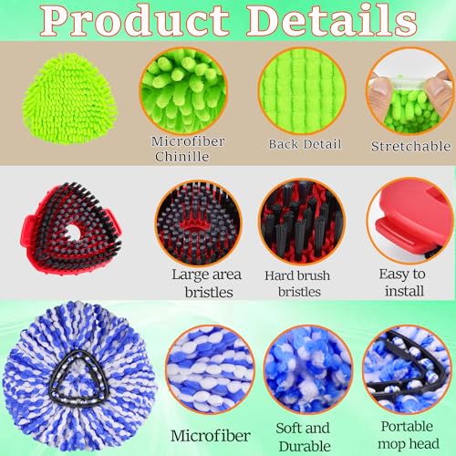 Spin Mop Replacement Head for O Cedar RinseClean 2 Tank System, 2 Microfiber Mop Head Refills, 1 Chenille Mop Pads,1 Upgrade Scrub Brush, 1 Spin Mop Base for Cedar RinseClean Mop