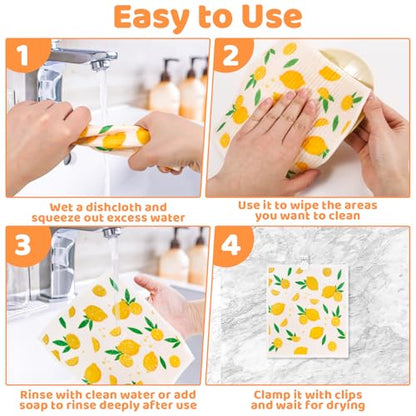 Needbrock 6 Pack Fruit Swedish Dishcloths for Kitchen,Swedish Rags Dish Towels with Clips, Reusable Paper Towels Washable Absorbent Cellulose Sponge Cloths for Countertop Dishes Cleaning - color: Fruit Pattern