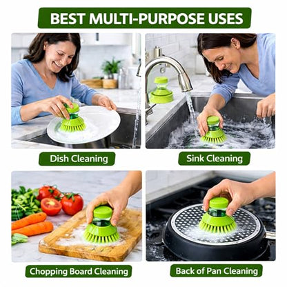 ExlntPro-Upgraded Dish Brush with Soap Dispenser, Kitchen Scrub Brush with Holder & Drain Tray, Refillable Soap Dispensing Dish Scrubber for Pots, Pans & Sink Cleaning