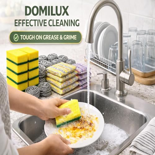 30 PCS Kitchen Cleaning Sponge Set, Heavy Duty Non Scratch Scrubber Pack with Sponges, Steel Wool Scrubbers & Scouring Pads for Dishes, Pots, Pans & Multi Surface Cleaning.