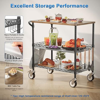 Leteuke Rolling Kitchen Carts with Wheels, 34" L x 17.5" W, 3-Tier Heavy Duty Utility Cart with Wood Tabletop, NSF Commercial Metal Serving Cart with Handle and Shelf Liner for Kitchen, Black - color: Wood-black