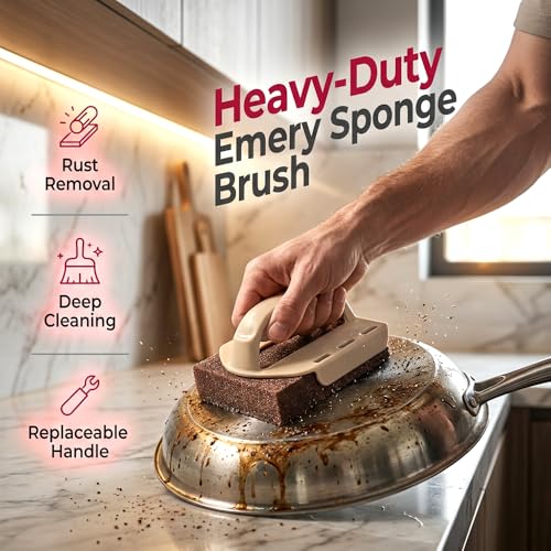Magics Emery Cleaning Sponge, Pot Scrubber Carborundum Sponge with Handle, Cleaning Eraser Scrub Pads for Cleaning Pots and Pans, BBQ Grill Dish Brush Scouring Pads (Beige 6pcs) - color: Beige 6pcs