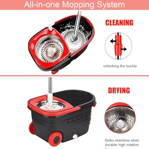 Spin Mop and Bucket with Wringer Set On Wheels, 360° Spinning Mop Bucket System with 3 Microfiber Replacement Heads, 61" Stainless Steel Extended Handle for Floor Cleaning Black/Red (25QT) (Big Black) - color: Big Black