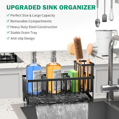 TomCare Extra Large 11'' Sink Caddy With Drain Tray Non-slip Kitchen Sink Organizer With 2 Adjustable Dividers High Brush Holder Rustproof Sponge Holder Kitchen Storage Accessories for Counter