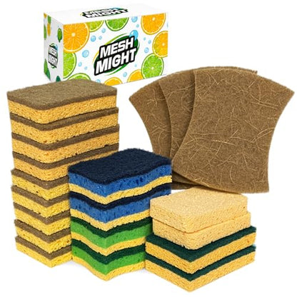 Kitchen Sponges, 20 Count, Plant-Based Cellulose + PET Scrub Sponge Set, Scratch & Non- Scratch Dish Sponges, Assorted Cleaning Sponges