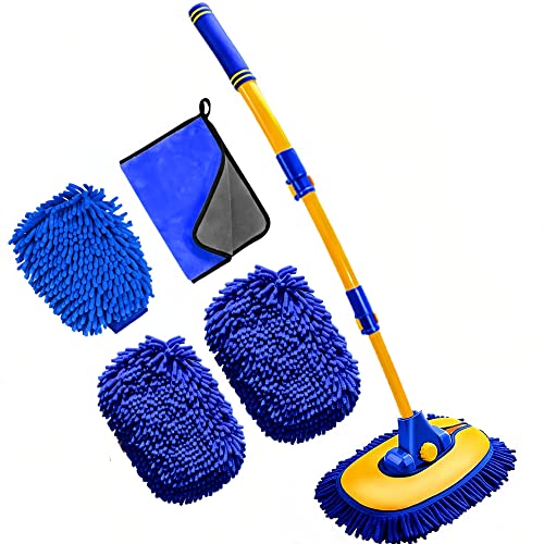 MVEQRRN Upgrade Car Wash Brush Mop with Long Handle, Car Washing Brush Kit with Scratch-Free Replacement Head - color: Blue-003