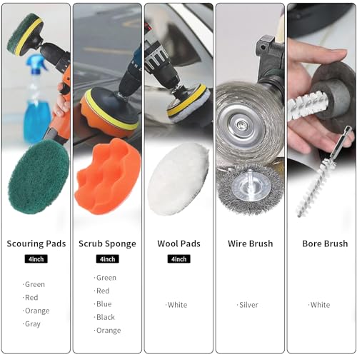 48 Pcs Drill Brush Attachments Set, Scrub Pads & Sponge & Wire Brush for Drill, Power Scrubber Brush with Extend Long Attachment, Drill Scrubber Brush Kit for Bathroom, Floor, Car, Grout