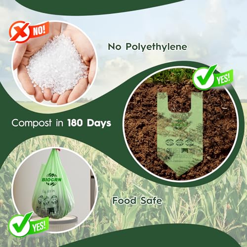 Compostable Trash Bags 1.2-1.6 Gallon Handle Tie 50 Count 0.6 Mil 6.06 Liter Small Compost Bags for Countertop Bin Biodegradable Bags Green for Kitchen ASTM D6400 & BPI Certified, OK Compost Home - color: 1.6 Gal, Handles Bags, 50 Count