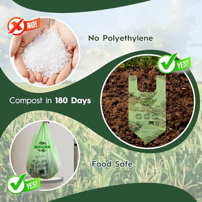 Compostable Trash Bags 1.2-1.6 Gallon Handle Tie 50 Count 0.6 Mil 6.06 Liter Small Compost Bags for Countertop Bin Biodegradable Bags Green for Kitchen ASTM D6400 & BPI Certified, OK Compost Home - color: 1.6 Gal, Handles Bags, 50 Count