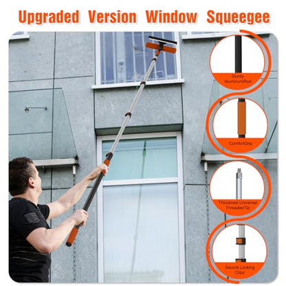 Window Squeegee Kit with Extension Pole, 2-in-1 Professional Washer for High Windows, 3-12FT Adjustable Reach, Rotatable Head for Indoor & Outdoor Use, Streak-Free Cleaning Tool for Home