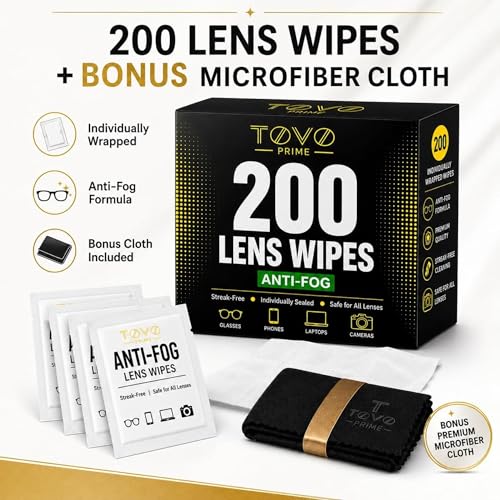 Lens Wipes for Eyeglasses, 200 Count Eye Glasses Cleaner Wipes, Pre-Moistened Individually Wrapped Glasses Cleaner Wipes, Anti Fog Streak-Free Lens Cleaning Wipes for Sunglasses & Screens