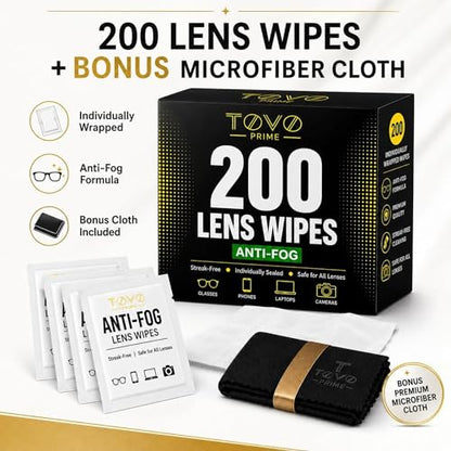 Lens Wipes for Eyeglasses, 200 Count Eye Glasses Cleaner Wipes, Pre-Moistened Individually Wrapped Glasses Cleaner Wipes, Anti Fog Streak-Free Lens Cleaning Wipes for Sunglasses & Screens