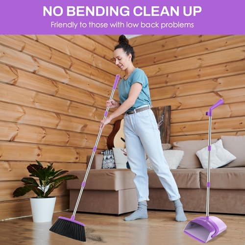 Broom and Dustpan Set for Home, 51-in Long Adjustable Handle Angle Broom and Dustpan Combo Set with Dust Pan Teeth to Clean Hair for Home Kitchen Office Lobby Floor Garden, Purple - color: Purple
