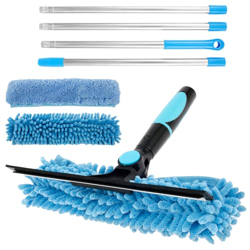 Squeegee for Window Cleaning Scrubber and Rotating Head Squeegee Window Cleaner Tool Window Washing Kit with Long Handle Window Cleaning Kit for Shower Glass Mirror Car (Blue)