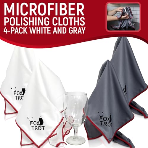 Fox Trot Large Microfiber Polishing Cloths (4 Pack White | Gray) | Streak Free, Lint Free Shine and Clarity for Wine Glasses, Stemware and More - color: 4-pack (White | Gray)