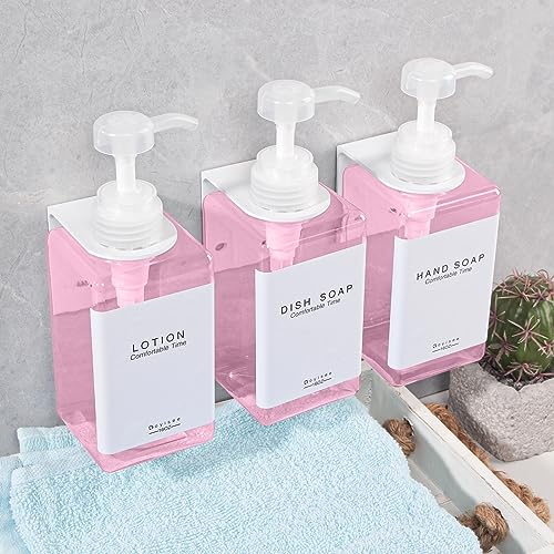 Refillable Shampoo and Conditioner Bottles for Shower Wall,Shampoo and Conditioner Dispenser with Pump No Drill (3 Bottles 3 Wall Mounts-Pink) - color: 3 Bottles 3 Wall Mounts-pink