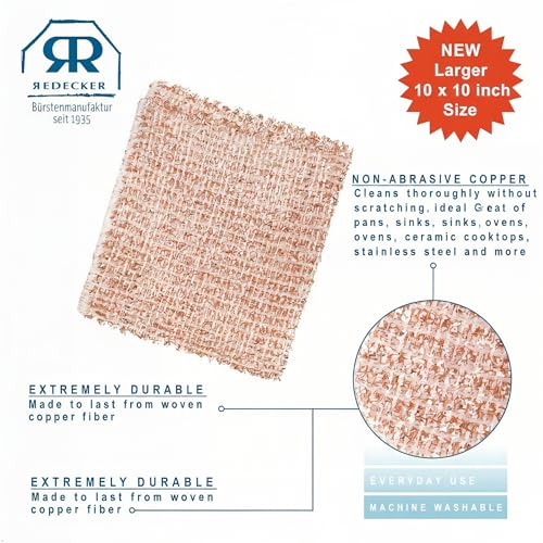 Redecker Copper Cleaning Cloth, XL Size – Large Non-Scratch Scrubber for Pots, Pans, Grill & Kitchen Surfaces – Reusable Copper Cloth for Heavy Cleaning, Made in Netherlands - size: X-Large - 10 x 10 inches