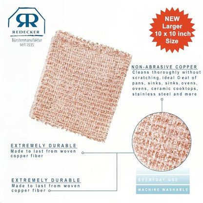 Redecker Copper Cleaning Cloth, XL Size – Large Non-Scratch Scrubber for Pots, Pans, Grill & Kitchen Surfaces – Reusable Copper Cloth for Heavy Cleaning, Made in Netherlands - size: X-Large - 10 x 10 inches