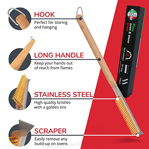 Senwosa 26” Pizza Oven Brush with Stone Scraper - Heat Resistant Stainless Steel Bristles, Extra Long Handle - Compatible with Ooni, Gozney & Similar Ovens - Includes Spare Head - size: 26 inch