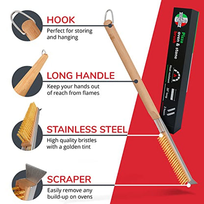 Senwosa 26” Pizza Oven Brush with Stone Scraper - Heat Resistant Stainless Steel Bristles, Extra Long Handle - Compatible with Ooni, Gozney & Similar Ovens - Includes Spare Head - size: 26 inch