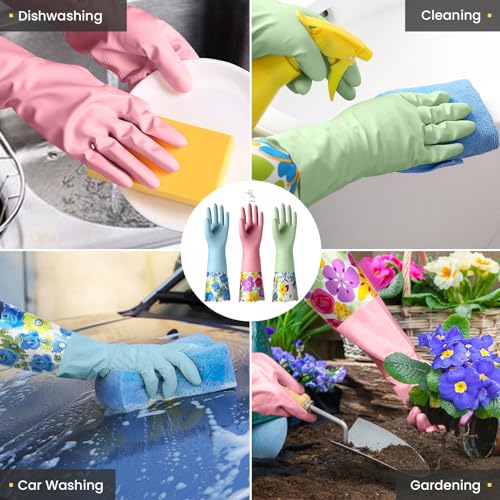 KAQ 3 Pairs Dishwashing Cleaning Gloves, Reusable Long Rubber Gloves with Cotton Lining, Latex Free Dish Washing Gloves, Water Resistant Household Glove for Kitchen Bathroom(Medium) - size: Medium(Pack of 3)