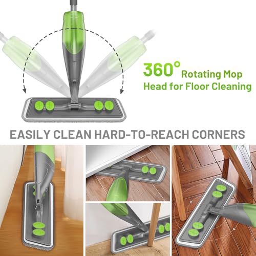 Spray Mop for Floor Cleaning - Wet Dry Mops for Multi-Surfaces | 3 Microfiber Washable Pads Compatible With Swiffer Powermop, 500+ ML Refillable Bottle, 360° Swivel Head, Grey Green - color: Gray Green