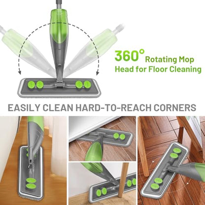 Spray Mop for Floor Cleaning - Wet Dry Mops for Multi-Surfaces | 3 Microfiber Washable Pads Compatible With Swiffer Powermop, 500+ ML Refillable Bottle, 360° Swivel Head, Grey Green - color: Gray Green