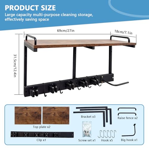 Broom Holder Wall Mount With Cleaning Supplies Organizer Shelf Broom And Mop Organizer Wall Hanging With Vacuum Holder Wall Mount, Wall Mounted Broom Hanger Utility Racks For Home Garage Laundry Room
