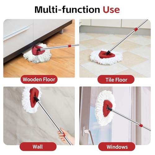 ANREKEYH Spin Mop Head, Base, Handle Replacement for O-Ceda EasyWring Microfiber Spin Mops, 2 Microfiber Mop Refills, 1 Triangle Head Cover and 30-58in Handle Set Combo (White(1 Tank System)) - color: White(1 Tank System)