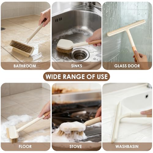 3 Pack Hard Bristle Scrub Brush Set with Long Wooden Handle, 2-in-1 Heavy-Duty Scrubbing Brushes with Scraper Strip, Glass Shower Squeegee, Cleaning Brush for Bathroom, Shower, Floor, Bathtub, Walls
