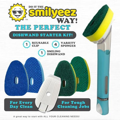 The Original Smiling Handle with Soap Dispensing for Scrub Daddy (Reg. TM) Sponge and Scrub Moji Sponges with Smilyeez Caddy, Dishwand, & 2 Scrub Mojis (White & Grey) - style: White - Grey With Sponges