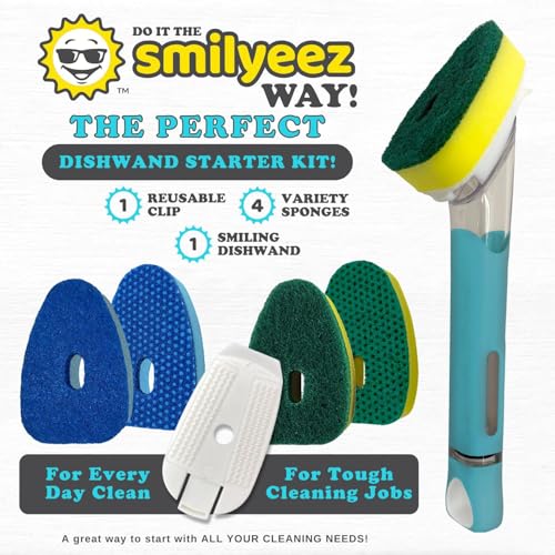 The Original Smiling Handle with Soap Dispensing for the Smiling Sponge with Smilyeez Caddy, Dishwand with Sponges, and 2 Scrub Mojis (Black) - style: Black with Sponge Dishwand