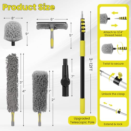20FT High Ceiling Duster Kits with 3-12 Ft Extension Pole, Fan Blade Cleaner, Cobweb Duster, Window Squeegee Kit, Spider Web Brush for High Window, Interior Roof - size: 12FT