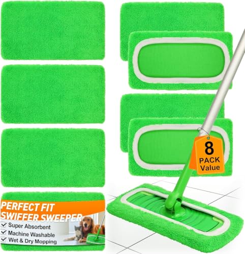 8 Pack Reusable Microfiber Mop Pads Replacement Compatible with Swiffer Sweeper, Machine Washable Mop Pads Refills for Wet & Dry Floor Cleaning, Mopping Cloths Fits Hardwood, Marble, Tile & Laminate - size: 8PC–Value Pack