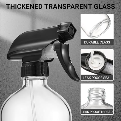 3 Pcs 16oz Empty Glass Spray Bottle with Black Silicone Sleeve Protection - Refillable Boston Round Containers with Adjustable Nozzle for Cleaning Solutions, Essential Oils, Misting Plants, Gardening