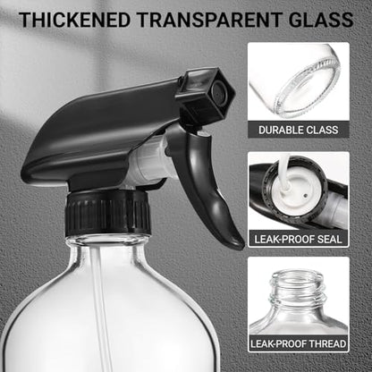 3 Pcs 16oz Empty Glass Spray Bottle with Black Silicone Sleeve Protection - Refillable Boston Round Containers with Adjustable Nozzle for Cleaning Solutions, Essential Oils, Misting Plants, Gardening