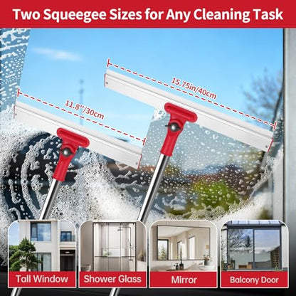 86.6" Window Squeegee for Home, Squeegee for Window Cleaning Kit with 6-Section Adjustable Long Handle, 16" & 12" Glass Scraper Squeegee for Shower Glass Doors & Windshield, Includes 4 Microfiber Pads - style: Window Cleaning Kit-2 Blade
