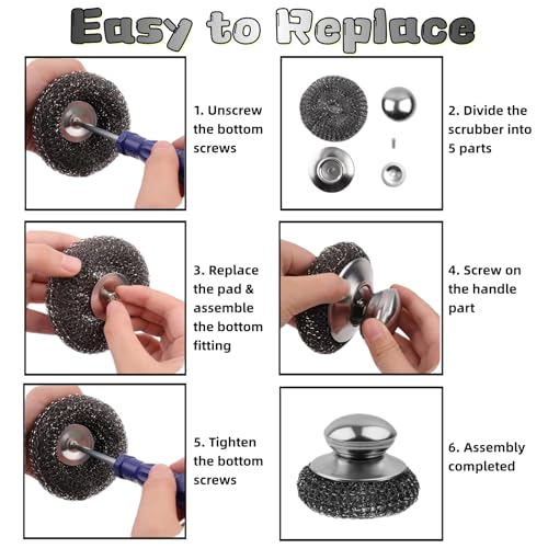 6 Pcs Steel Wool Scrubber Set, Stainless Steel Scrubber with Handled Replacement Metal Wire Pads for Cleaning Dishes, Cast Iron, Stock Pots, Pans, Griddles, Grills